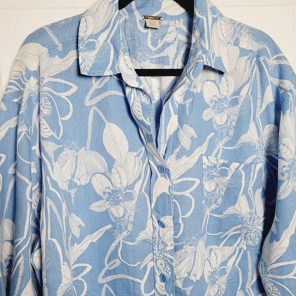 Magaschoni Shirt Womens XL Blue White Floral Linen Button Up Pocket Resort Boxy - Picture 2 of 9